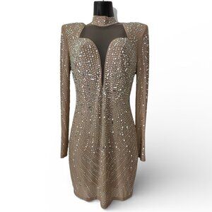 High neck long sleeve beaded Nude mini dress